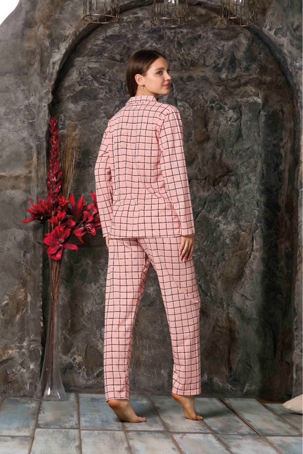 Kadın Mevsimlik Pamuklu Penye Pijama Takımı Önden Düğmeli