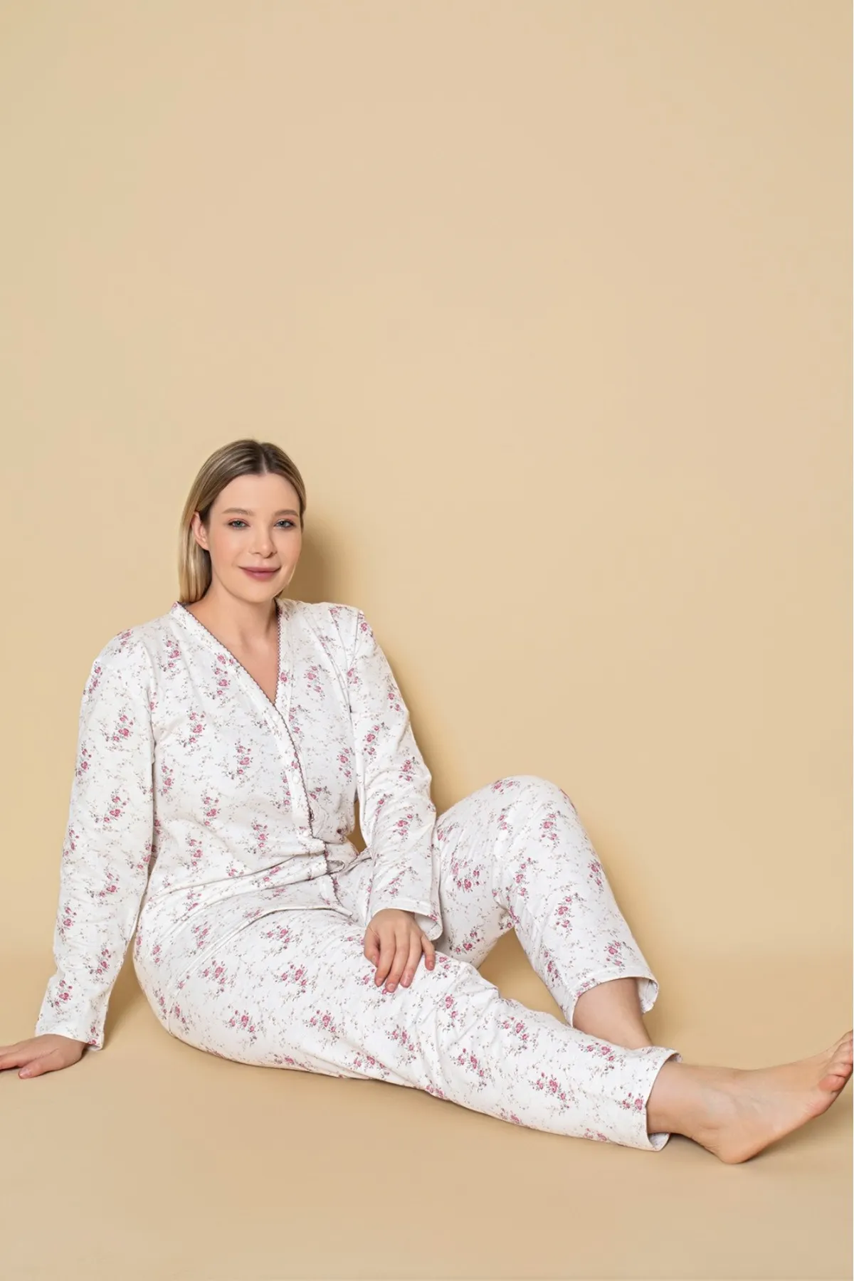 Kadın Önden Düğmeli Battal 2 İplik İçi Şardonlu Pijama Takımı PEMBE-ÇİÇEKLİ-3XL