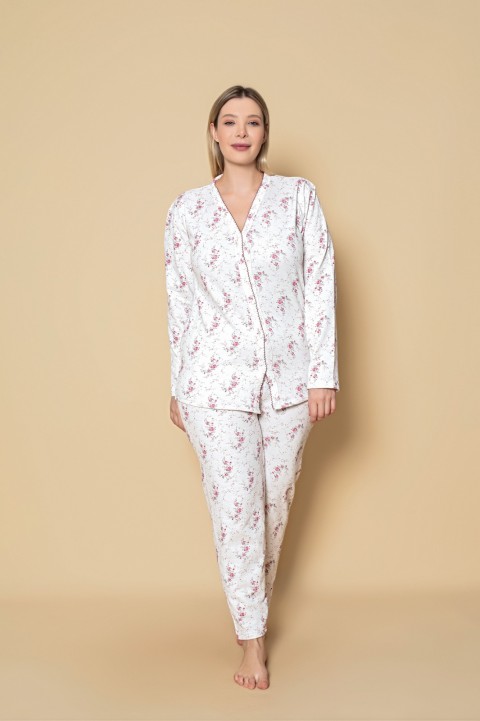 Kadın Önden Düğmeli Battal 2 İplik İçi Şardonlu Pijama Takımı PEMBE-GRİ-4XL