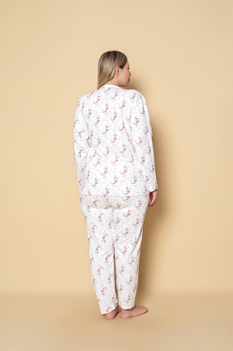 Kadın Önden Düğmeli Battal 2 İplik İçi Şardonlu Pijama Takımı PEMBE-GRİ-4XL