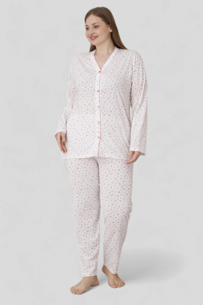 Kadın Önden Düğmeli Battal Mevsimlik Pijama Takımı Büyük Beden PEMBE-3XL