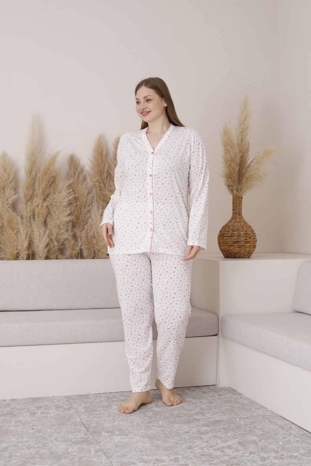 Kadın Önden Düğmeli Battal Mevsimlik Pijama Takımı Büyük Beden