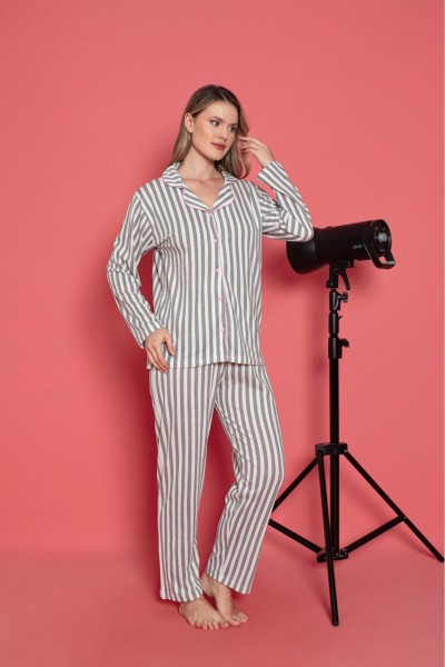 Kadın Önden Düğmeli Uzun Kollu Gri Çizgili Gömlek Model Pijama Takımı Yeni Sezon