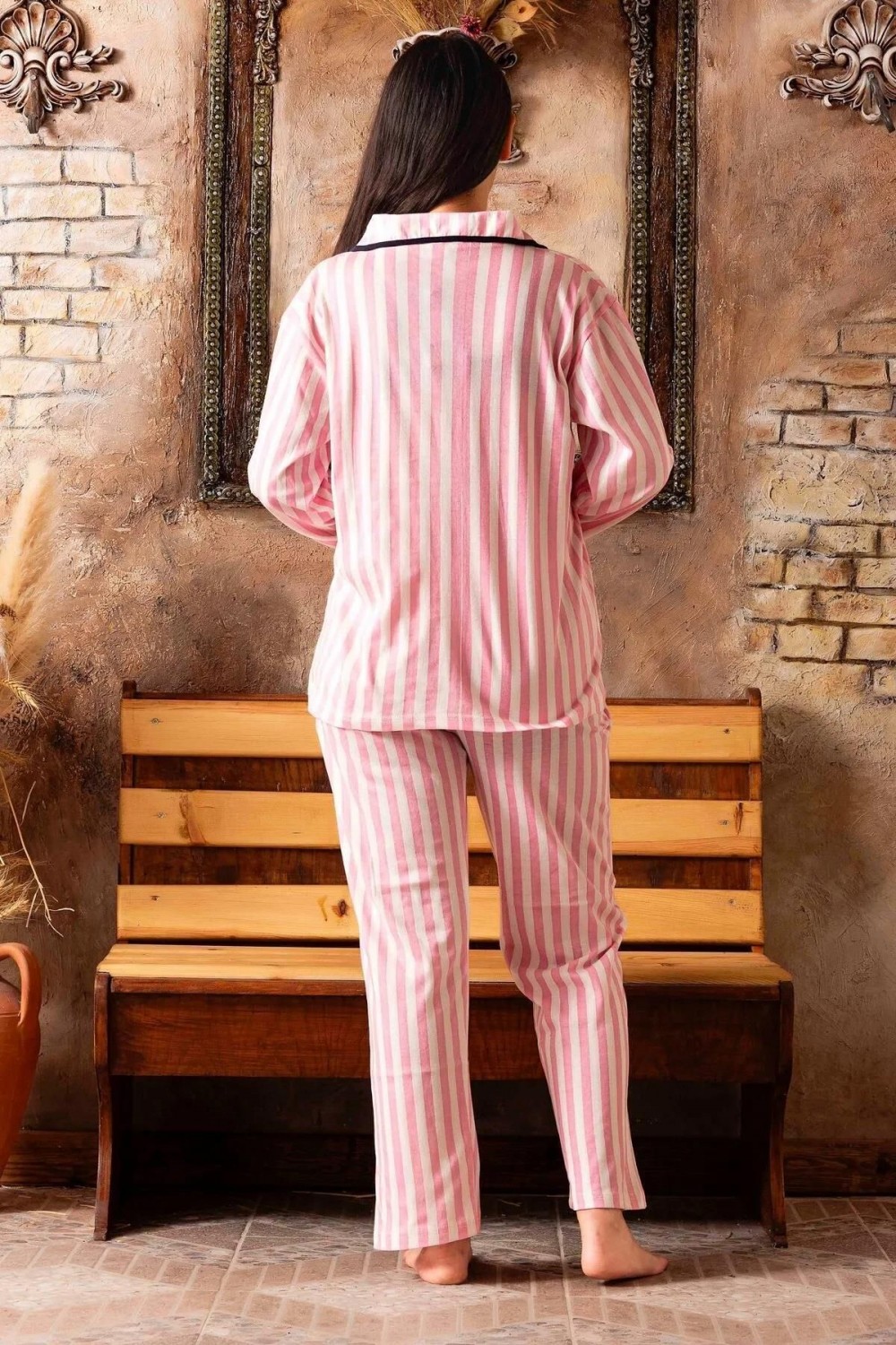 Kadın Önden Düğmeli Kollu Yazlık Gömlek Model Pijama Takımı Yeni Sezon