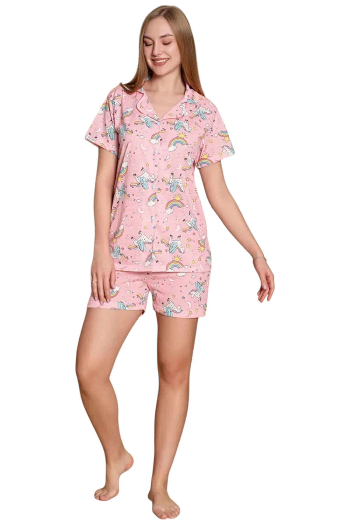 Kadın Önden Düğmeli Pembe Şortlu Yazlık Pijama Takımı