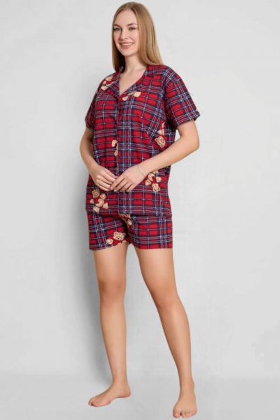 Kadın Önden Düğmeli Şortlu Yazlık Pijama Takımı BORDO-L