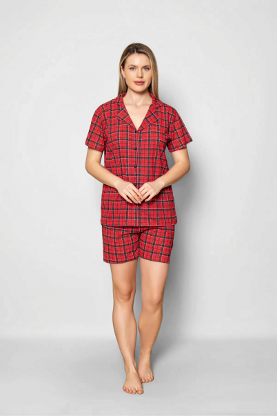 Kadın Önden Düğmeli Şortlu Yazlık Pijama Takımı Ekose-M