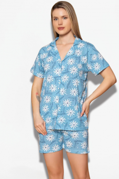 Kadın Önden Düğmeli Şortlu Yazlık Pijama Takımı MAVİ-M