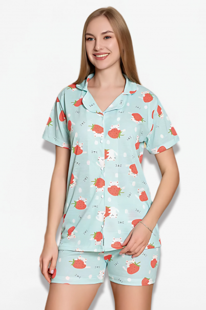 Kadın Önden Düğmeli Şortlu Yazlık Pijama Takımı TURKUAZ-2XL