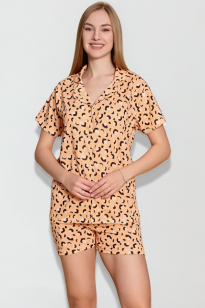Kadın Önden Düğmeli Şortlu Yazlık Pijama Takımı TURUNCU-2XL