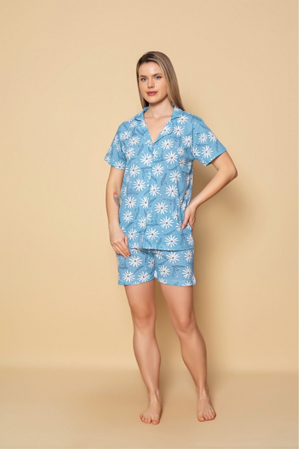 Kadın Önden Düğmeli Şortlu Yazlık Pijama Takımı