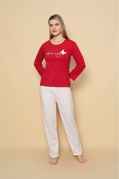 Kadın Penye Sıfır Yaka Bej Renk Uzun Kollu Pijama Takımı KIRMIZI-BEYAZ-XL