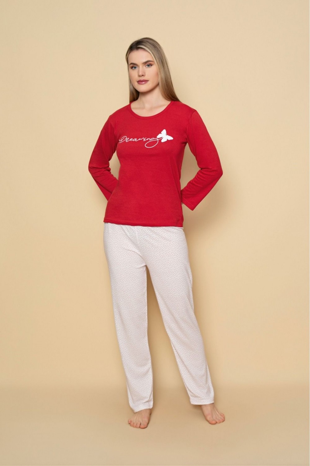 Kadın Penye Sıfır Yaka Bej Renk Uzun Kollu Pijama Takımı