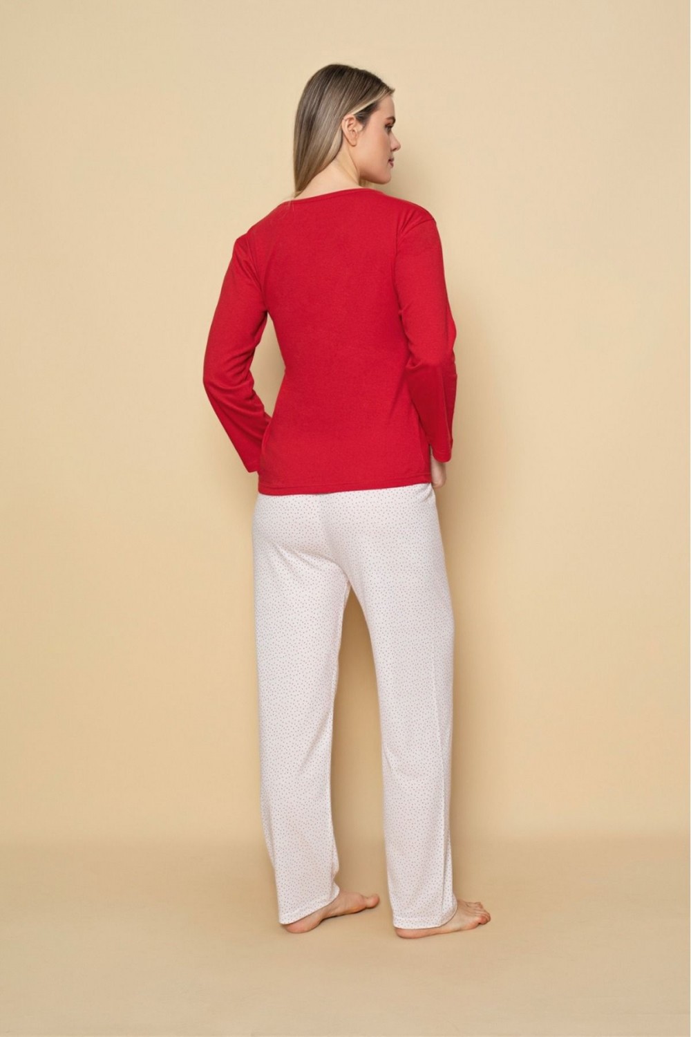 Kadın Penye Sıfır Yaka Bej Renk Uzun Kollu Pijama Takımı