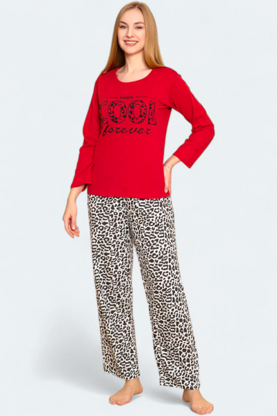 Kadın Penye Sıfır Yaka Uzun Kol Pijama Takımı