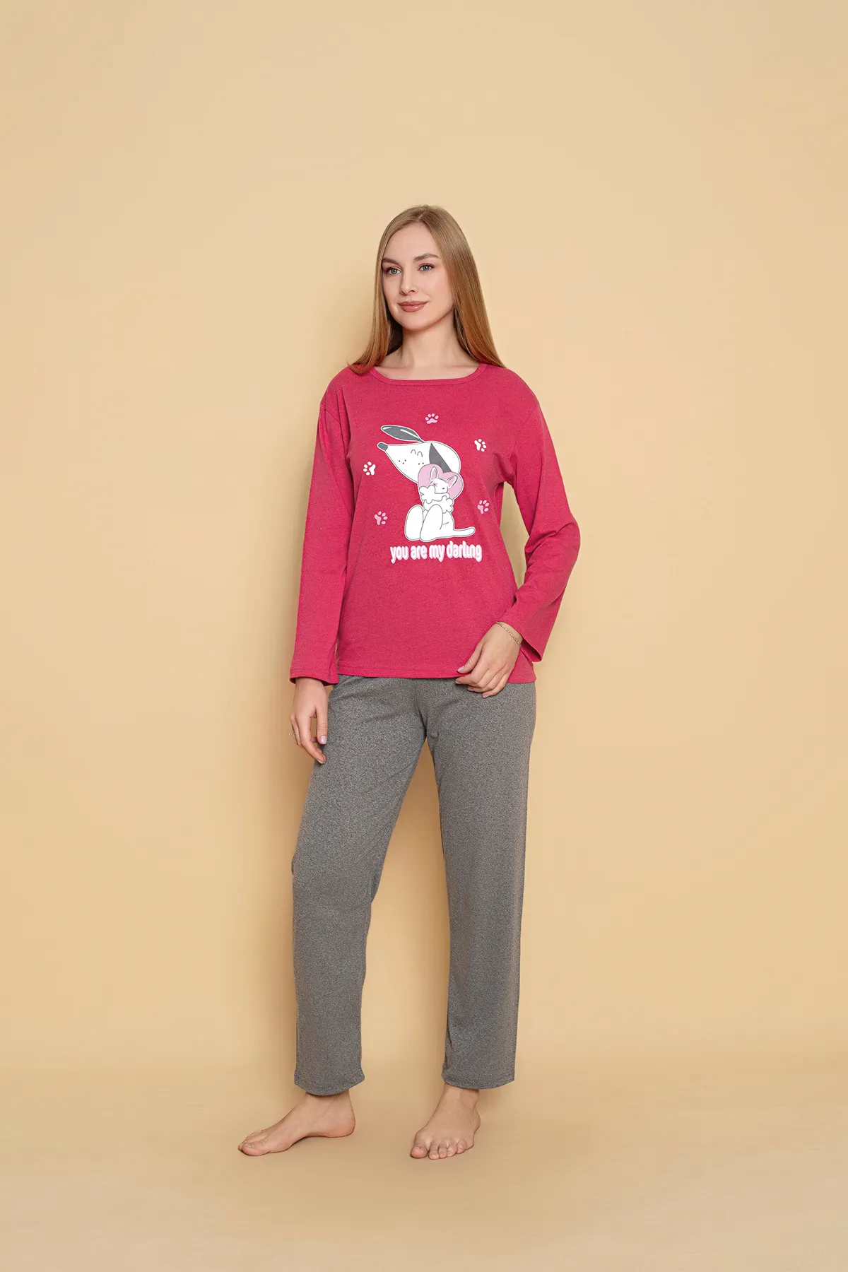 Kadın Penye Sıfır Yaka Uzun Kol Pijama Takımı