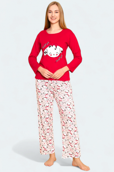 Kadın Penye Sıfır Yaka Uzun Kol Pijama Takımı KIRMIZI-XL