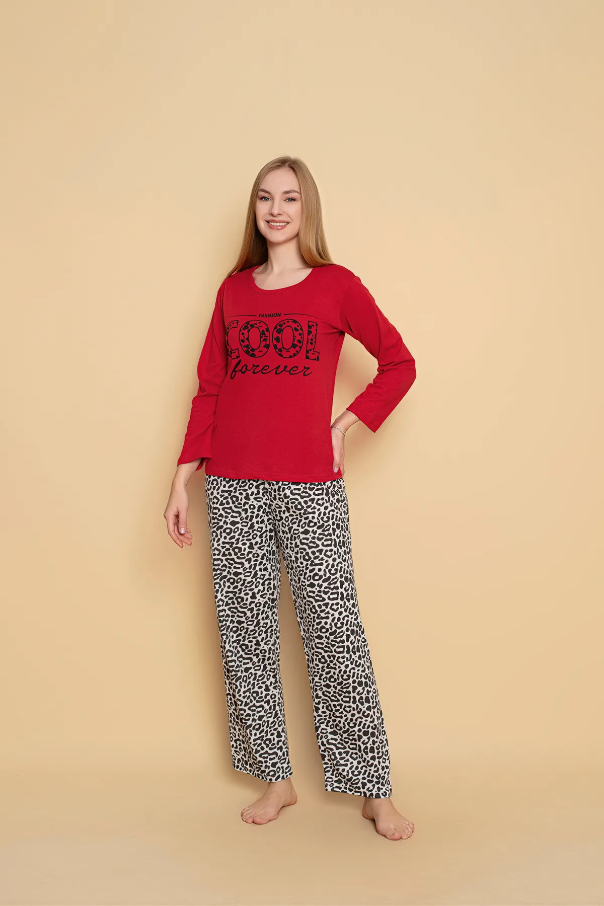 Kadın Penye Sıfır Yaka Uzun Kol Pijama Takımı KIRMIZI-XL