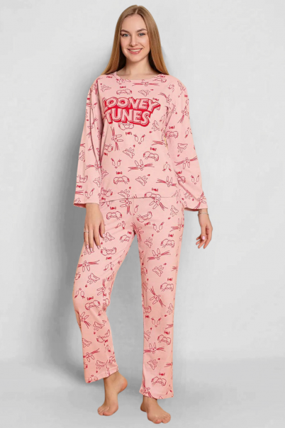 Kadın Penye Sıfır Yaka Uzun Kol Pijama Takımı PEMBE-M