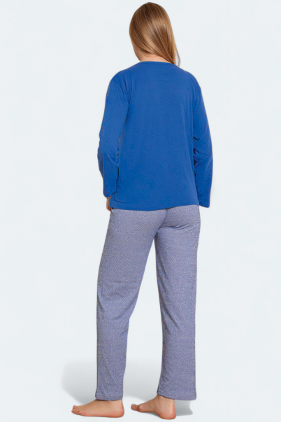Kadın Penye Sıfır Yaka Uzun Kol Pijama Takımı SAKS MAVİSİ-XL