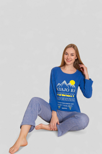 Kadın Penye Sıfır Yaka Uzun Kol Pijama Takımı SAKS MAVİSİ-XL