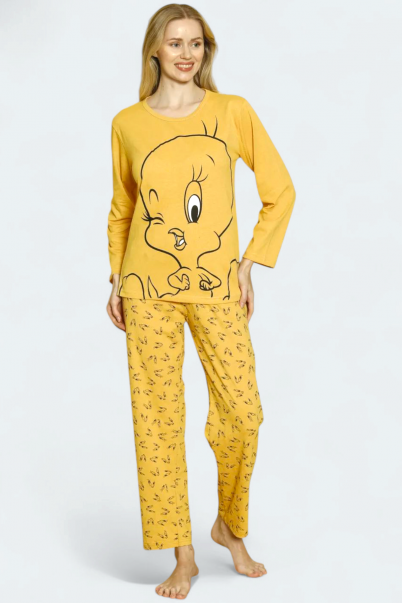 Kadın Penye Sıfır Yaka Uzun Kol Pijama Takımı SARI-M