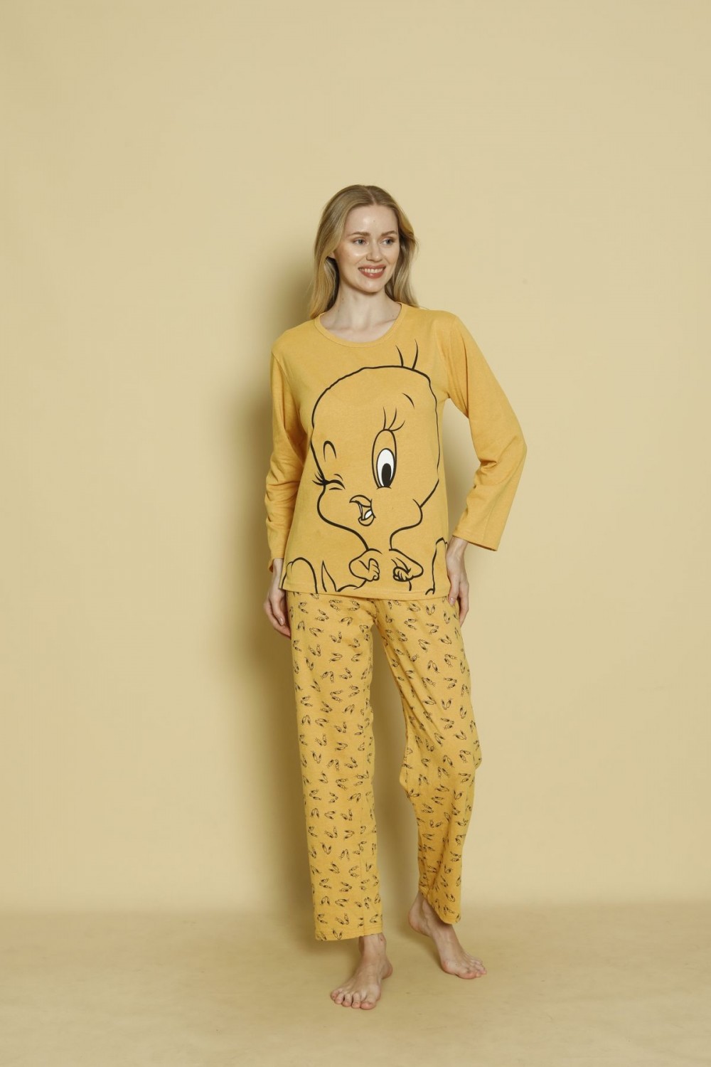 Kadın Penye Sıfır Yaka Uzun Kol Pijama Takımı