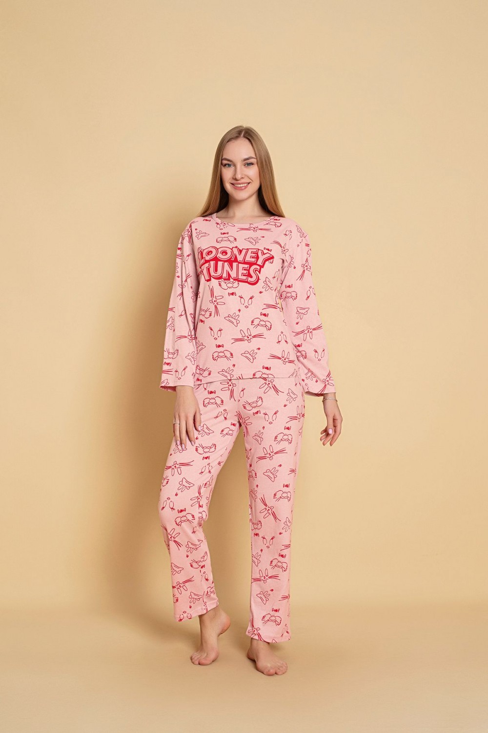 Kadın Penye Sıfır Yaka Uzun Kol Pijama Takımı
