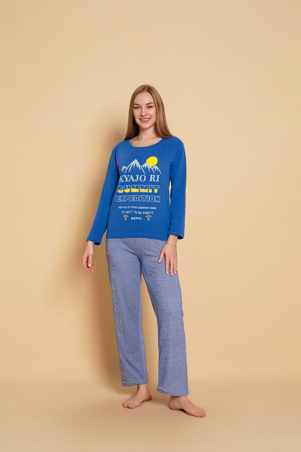 Kadın Penye Sıfır Yaka Uzun Kol Pijama Takımı