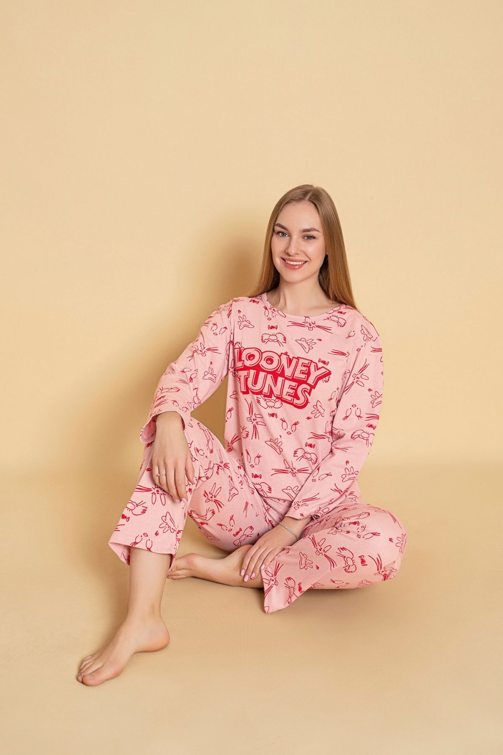 Kadın Penye Sıfır Yaka Uzun Kol Pijama Takımı