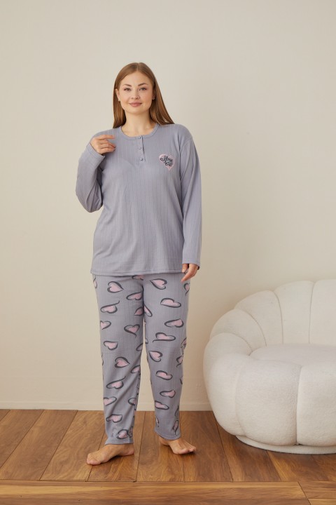 Kadın Raporlu İnterlok Kumaş Büyük Beden Düğmeli Pijama Takımı