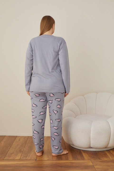 Kadın Raporlu İnterlok Kumaş Büyük Beden Düğmeli Pijama Takımı