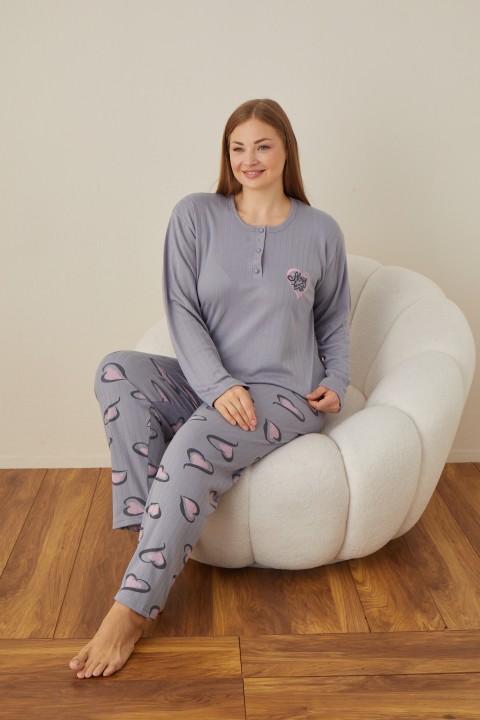 Kadın Raporlu İnterlok Kumaş Büyük Beden Düğmeli Pijama Takımı