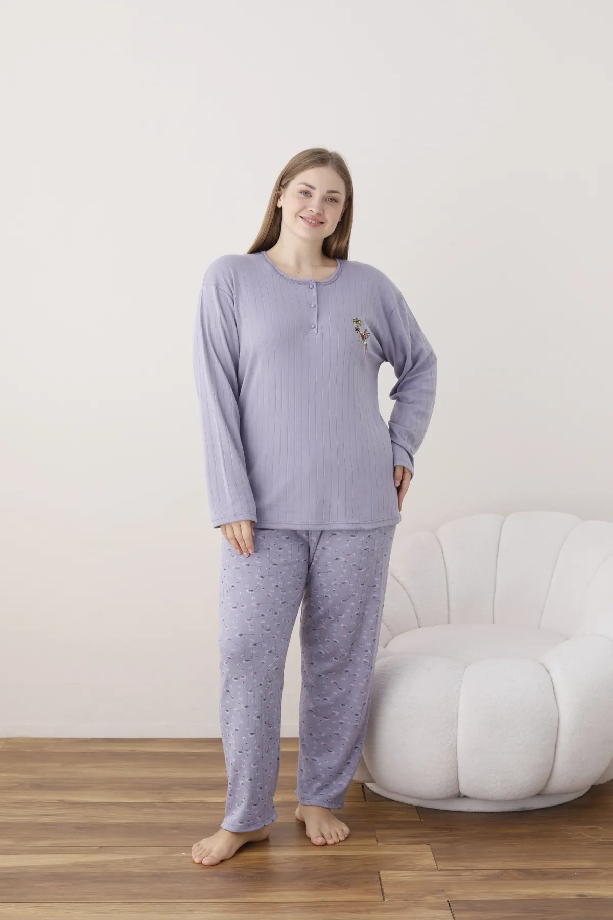 Kadın Raporlu İnterlok Kumaş Büyük Beden Düğmeli Pijama Takımı LİLA-4XL