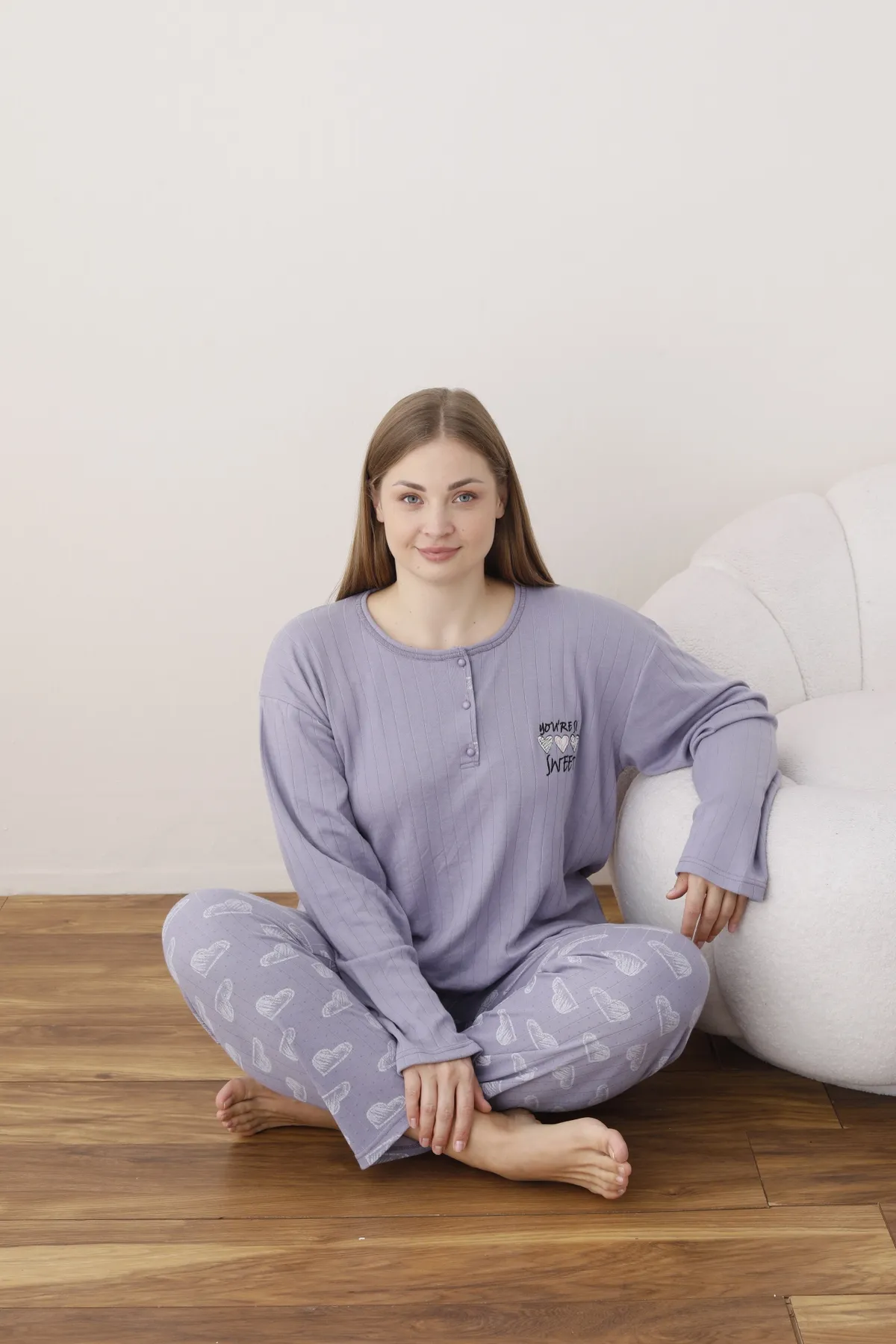 Kadın Raporlu İnterlok Kumaş Büyük Beden Düğmeli Pijama Takımı LİLA-4XL