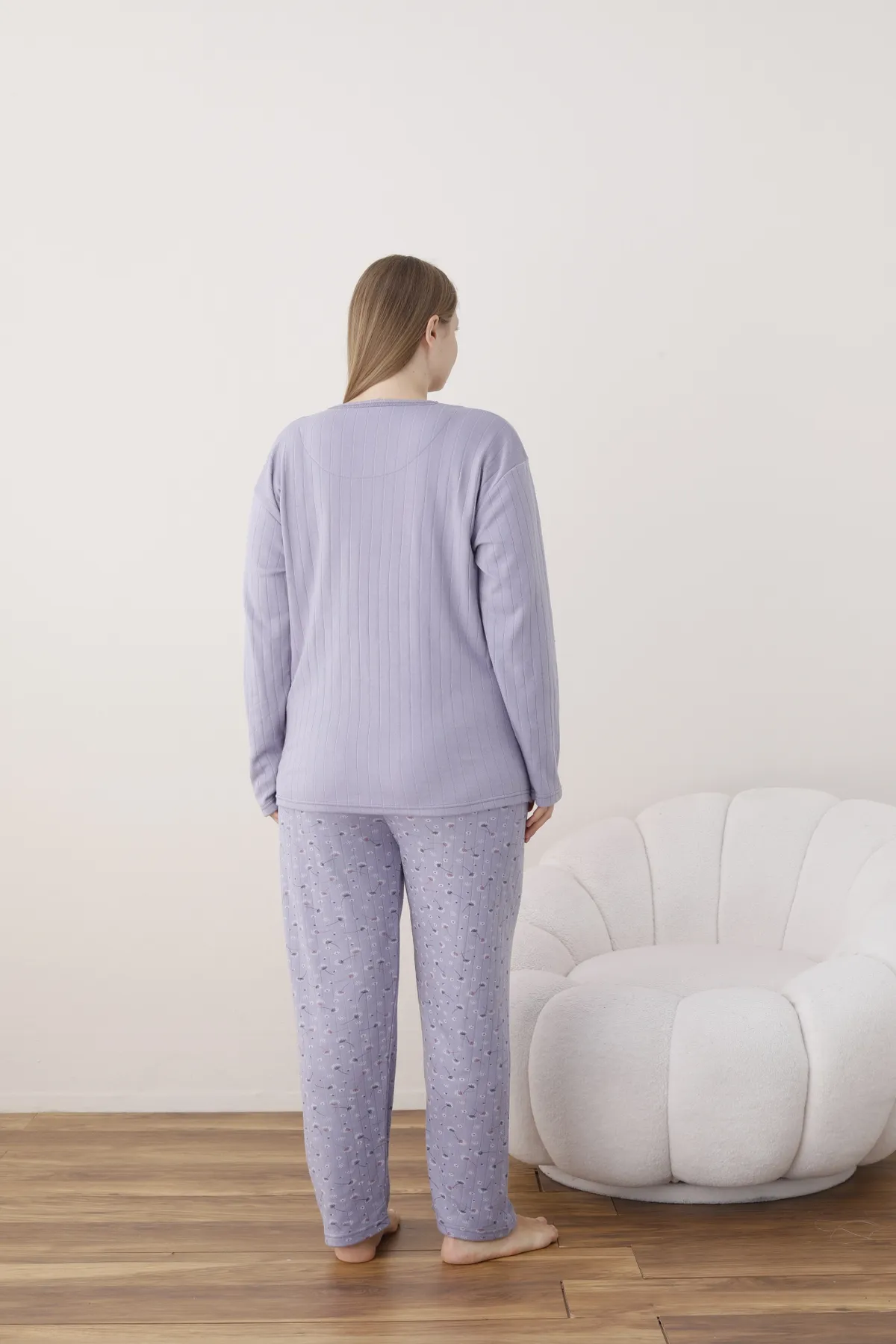 Kadın Raporlu İnterlok Kumaş Büyük Beden Düğmeli Pijama Takımı LİLA-4XL