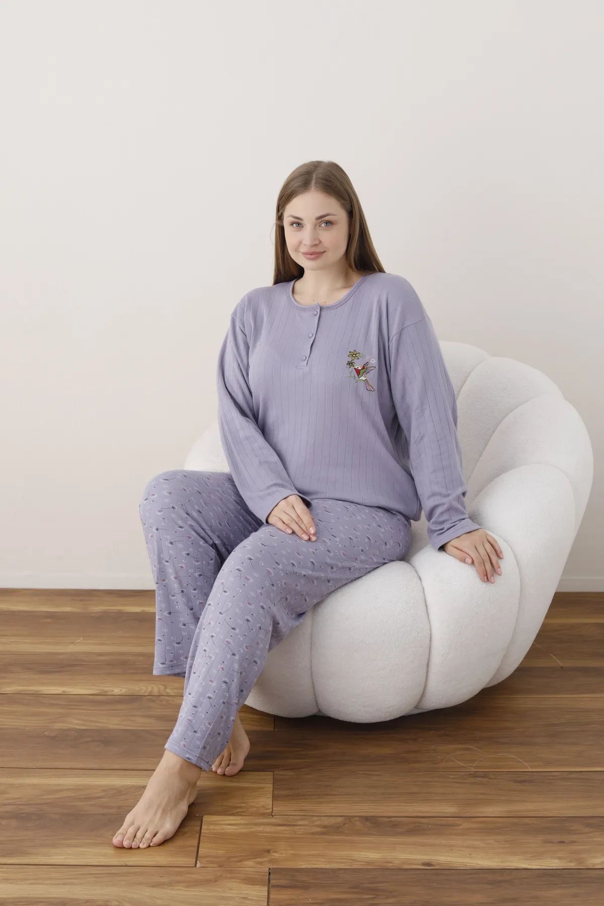 Kadın Raporlu İnterlok Kumaş Büyük Beden Düğmeli Pijama Takımı LİLA-4XL