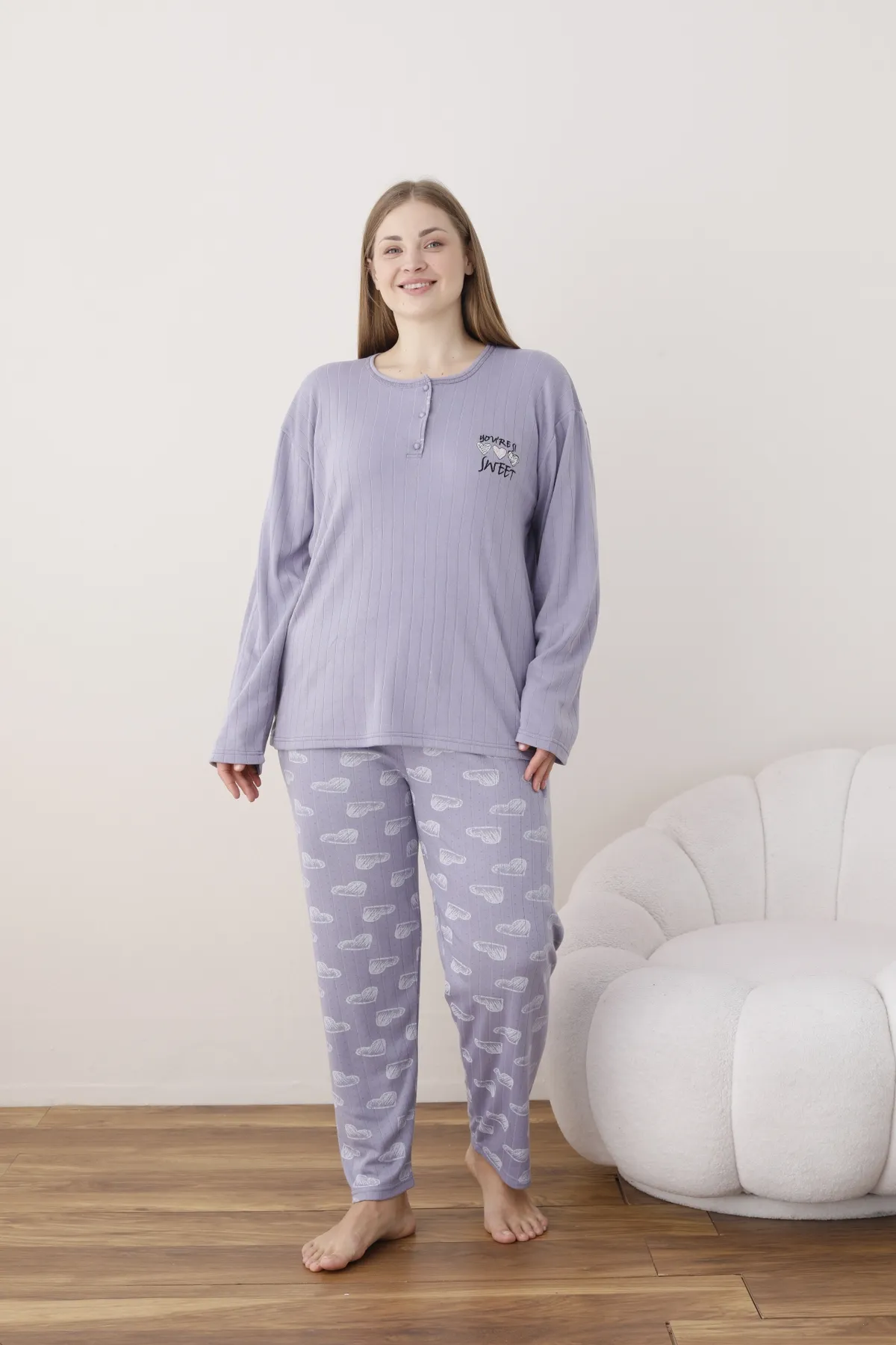 Kadın Raporlu İnterlok Kumaş Büyük Beden Düğmeli Pijama Takımı LİLA-4XL
