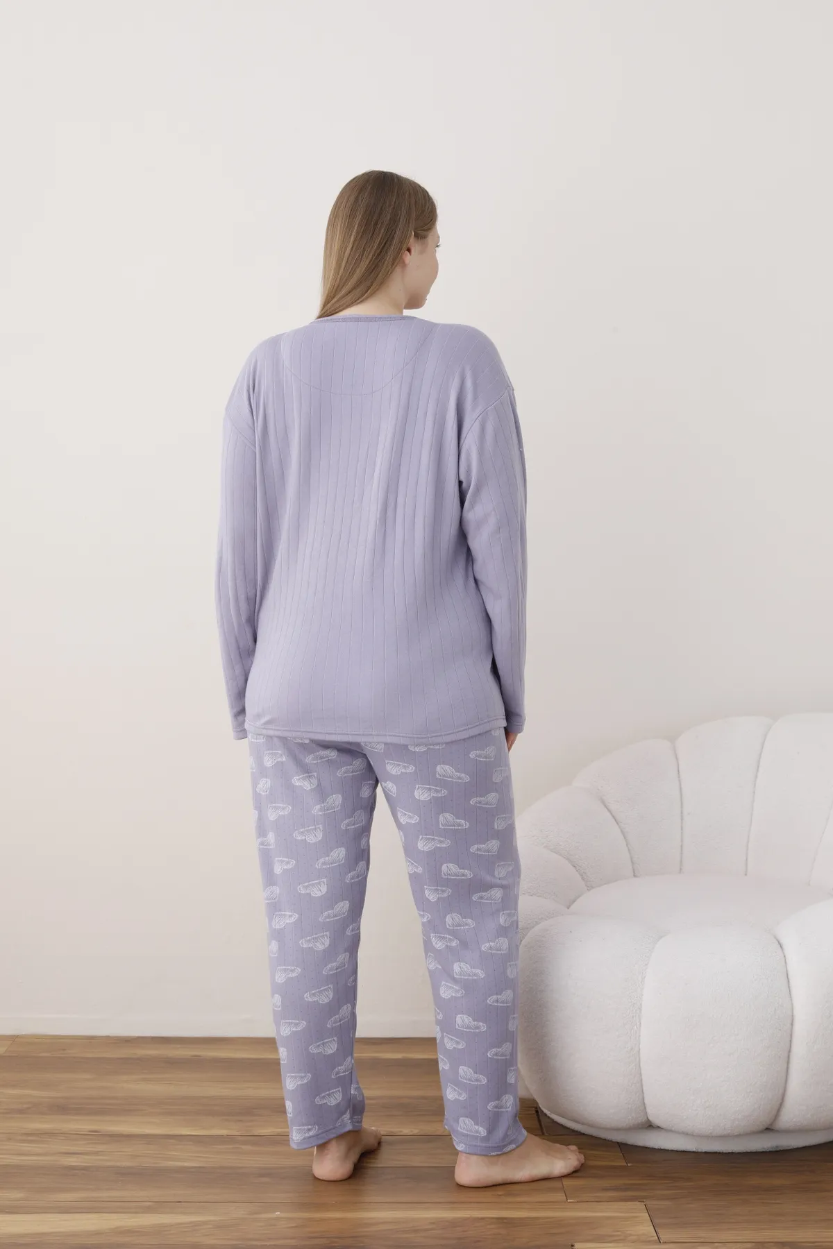 Kadın Raporlu İnterlok Kumaş Büyük Beden Düğmeli Pijama Takımı LİLA-4XL