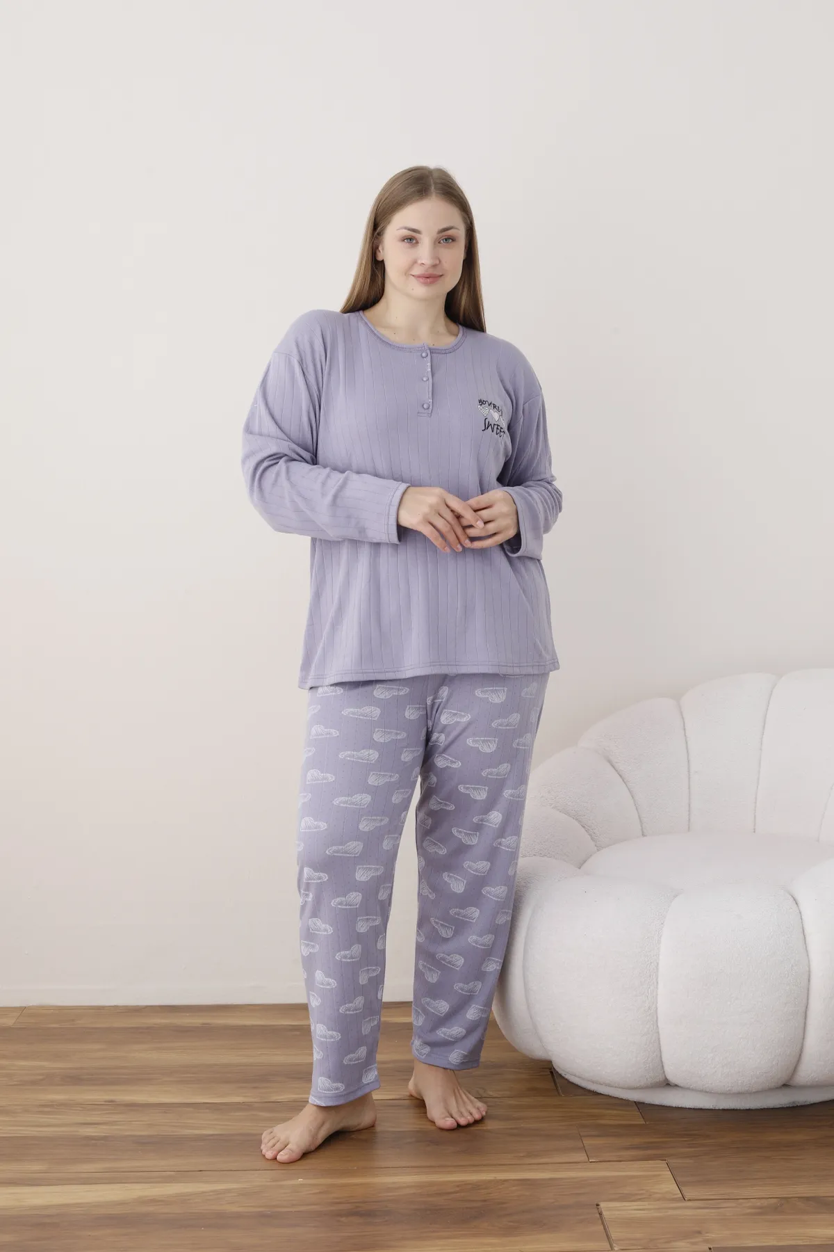 Kadın Raporlu İnterlok Kumaş Büyük Beden Düğmeli Pijama Takımı LİLA-4XL