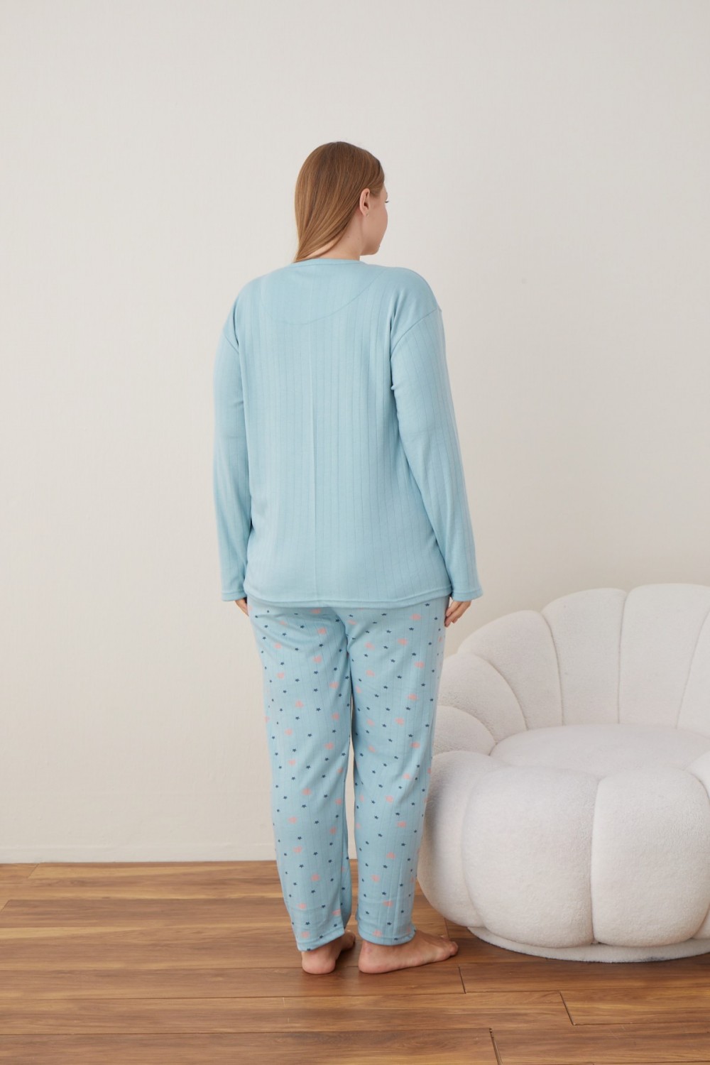 Kadın Raporlu İnterlok Kumaş Büyük Beden Düğmeli Pijama Takımı MAVİ-2XL