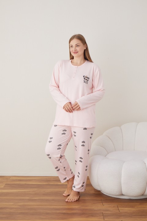 Kadın Raporlu İnterlok Kumaş Büyük Beden Düğmeli Pijama Takımı PEMBE-3XL