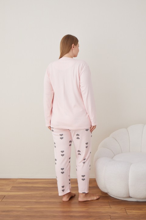 Kadın Raporlu İnterlok Kumaş Büyük Beden Düğmeli Pijama Takımı PEMBE-3XL