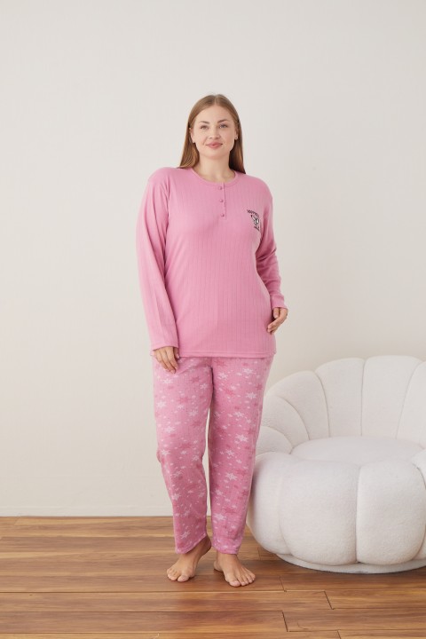 Kadın Raporlu İnterlok Kumaş Büyük Beden Düğmeli Pijama Takımı PEMBE-4XL