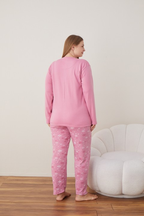 Kadın Raporlu İnterlok Kumaş Büyük Beden Düğmeli Pijama Takımı PEMBE-4XL