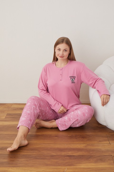 Kadın Raporlu İnterlok Kumaş Büyük Beden Düğmeli Pijama Takımı PEMBE-4XL