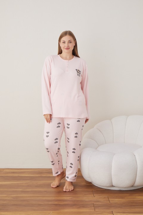 Kadın Raporlu İnterlok Kumaş Büyük Beden Düğmeli Pijama Takımı