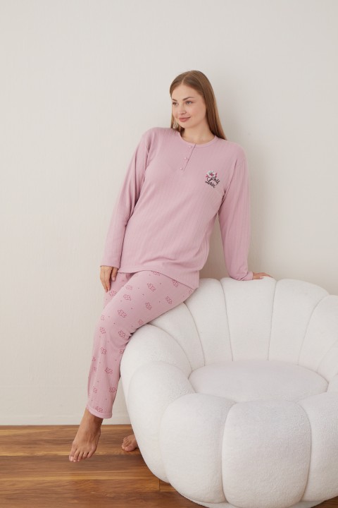 Kadın Raporlu İnterlok Kumaş Büyük Beden Düğmeli Pijama Takımı SOMON-3XL