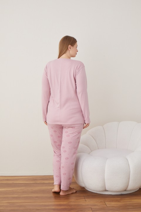 Kadın Raporlu İnterlok Kumaş Büyük Beden Düğmeli Pijama Takımı SOMON-3XL
