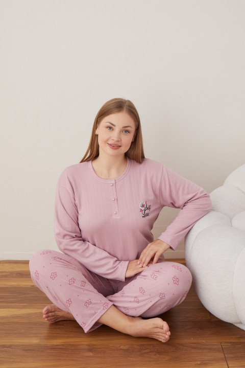 Kadın Raporlu İnterlok Kumaş Büyük Beden Düğmeli Pijama Takımı SOMON-3XL